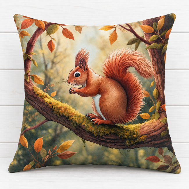 Housse de coussin imprimée en velours Écureuil d’automne 45x45 cm, confectionnée à Gérardmer