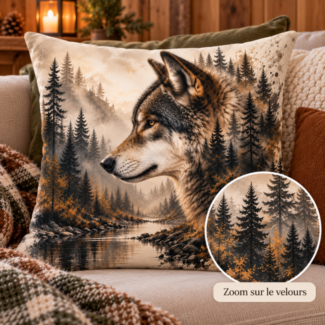 Zoom sur le velours imprimé de la housse de coussin Loup sauvage, motif loup et forêt.