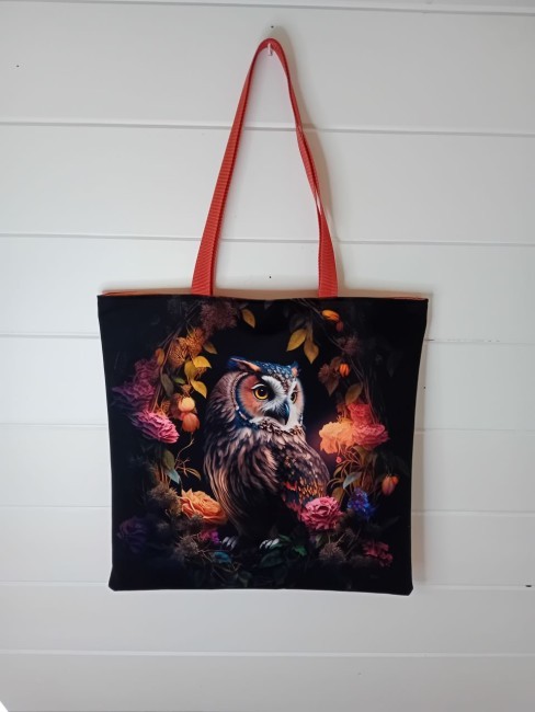 Tote bag artisanal Hibou fleuri, motif hibou et fleurs, création artisanale dans les Vosges