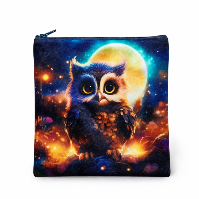 Trousse multi-usage, motif chouette « Veilleuse de lune » – Confectionnée à Gérardmer | Les Cabas en folie Trousse multi-usage motif chouette devant une lune lumineuse, aux couleurs bleu et violet, confection artisanale à Gérardmer