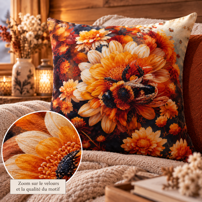 Housse de Coussin Abeille Velours 45x45 | Déco Chalet Vosges Zoom sur le velours imprimé de la housse de coussin Abeille 2.0 45x45 cm