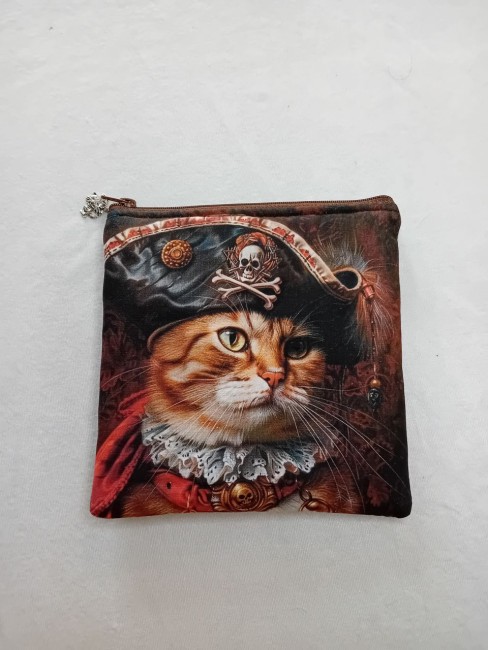 Trousse chat pirate en coton avec dos en suédine marron et fermeture zippée – Les Cabas en folie