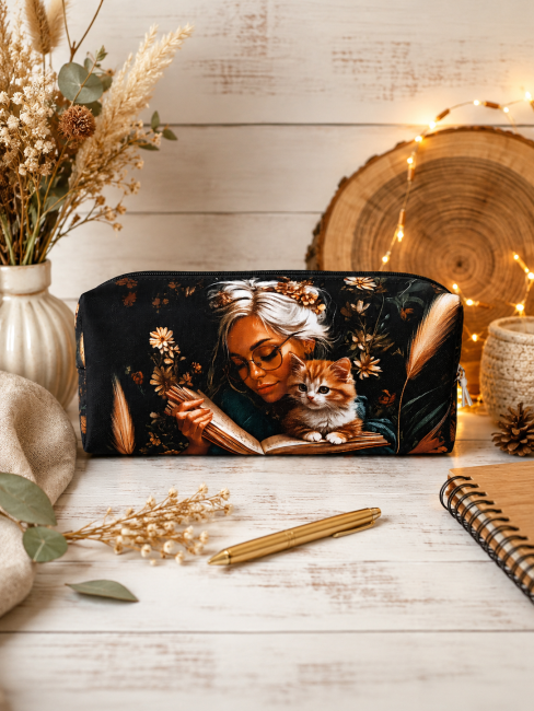 Trousse d’école, motif chat et lecture – Fait main dans les Vosges | Les Cabas en folie Trousse d’école motif chat et lecture dans une ambiance chaleureuse autour de la lecture
