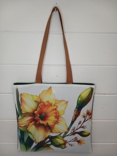 Tote bag artisanal Jonquilles, motif de fleurs jaunes et vertes, création artisanale de Gérardmer dans les Vosges