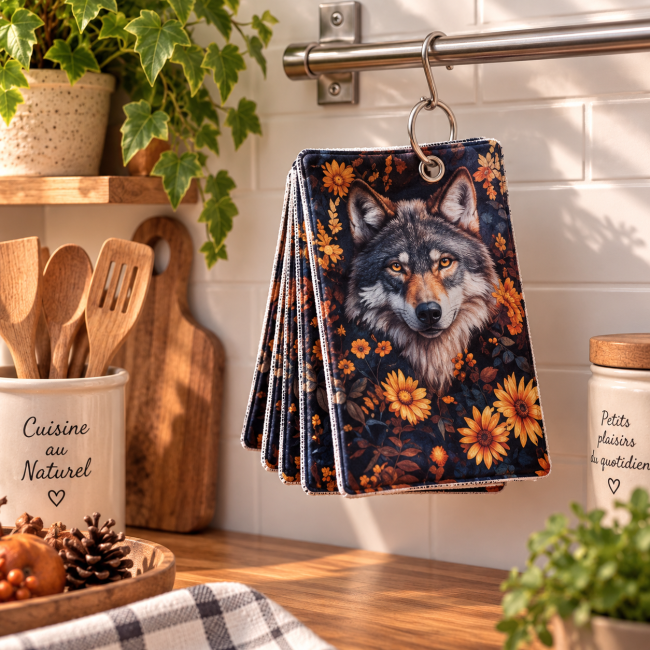 Lot de 6 essuie-tout lavables Loup et Fleurs, suspendus dans une cuisine avec anneau ouvrable