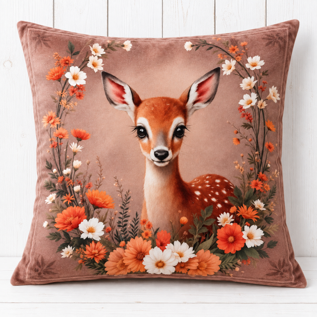 Housse de coussin Faon et fleurs d'automne en velours 45 x 45 cm, confectionnée à Gérardmer