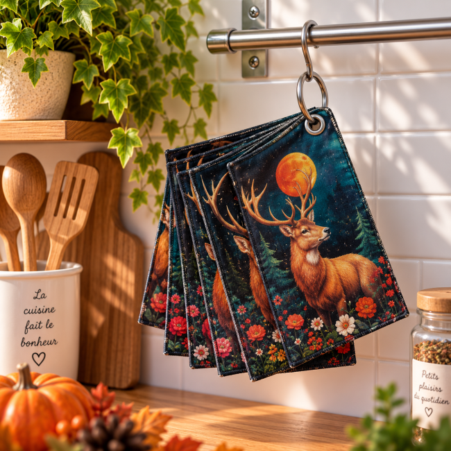 Lot de 6 essuie-tout lavables Cerf et forêt, suspendus dans une cuisine avec anneau ouvrable