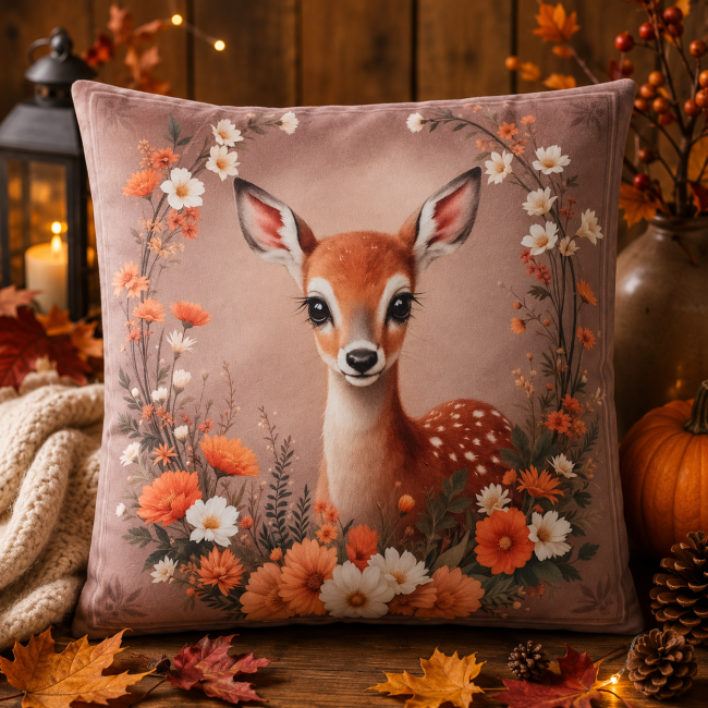 Housse de coussin Faon et fleurs d’automne en velours 45×45 | Les Cabas en folie Housse de coussin faon et fleurs d’automne en velours 45 × 45 cm, dos tangerine