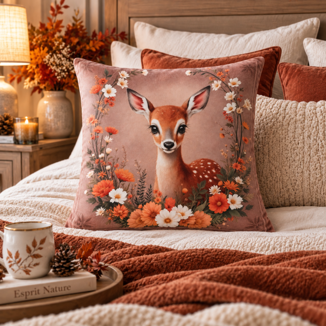 Housse de coussin Faon et fleurs d'automne en velours dans une décoration chambre cocooning
