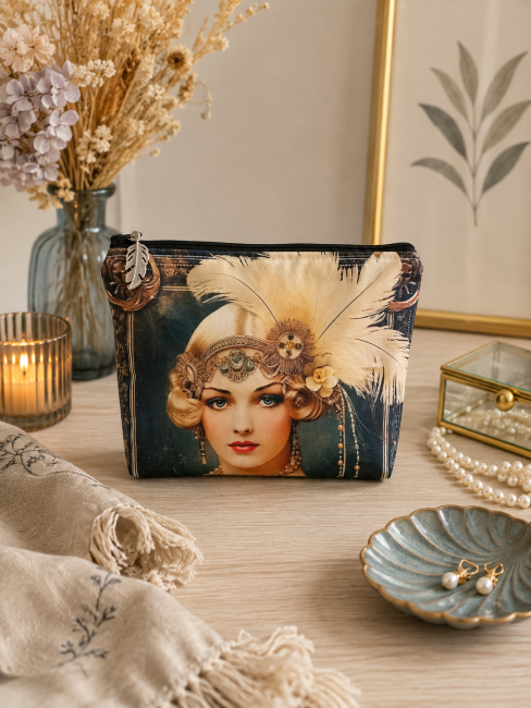 Trousse multi-usage femme Art déco inspirée des années 1920 présentée dans une mise en scène élégante