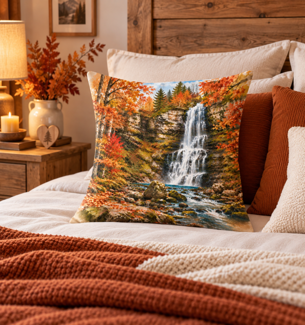 Housse de coussin velours Cascade automne 45x45 cm | Déco chalet Housse de coussin Cascade en automne en velours dans une décoration chambre cocooning