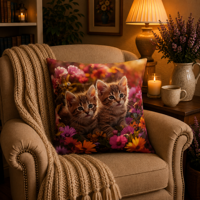 Housse de coussin deux chatons en velours imprimé 45x45 cm