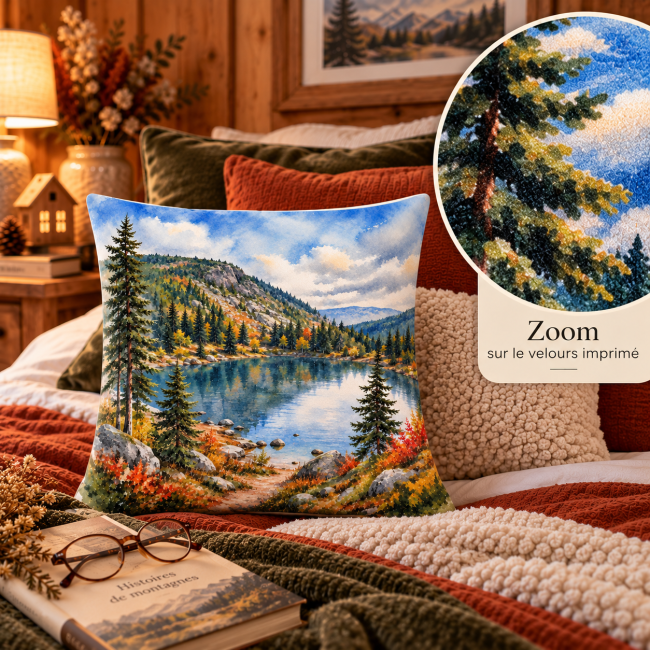 Housse de coussin Lac de montagne, velours, 45x45 cm | Déco Montagne Zoom sur le velours imprimé de la housse de coussin Lac de montagne en automne