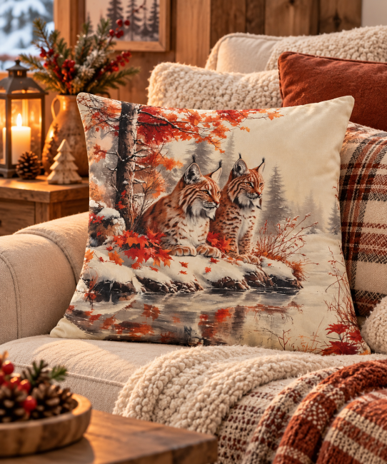Housse de Coussin Lynx dans la Neige 45x45 cm | Déco Chalet et montagne Housse de coussin Lynx dans la Neige en velours, deux lynx dans une forêt hivernale, décoration cocooning montagne et chalet aux tons crème et naturels.