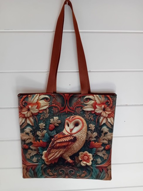 Tote bag artisanal chouette et fleurs aux couleurs chaleureuses avec anses marron