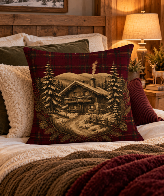 Housse Coussin Chalet enneigé Tartan Bordeaux Velours 45x45 | Déco Montagne Housse de coussin Chalet Enneigé sur Fond Tartan bordeaux pour une chambre à l’ambiance hivernale, douce et authentique