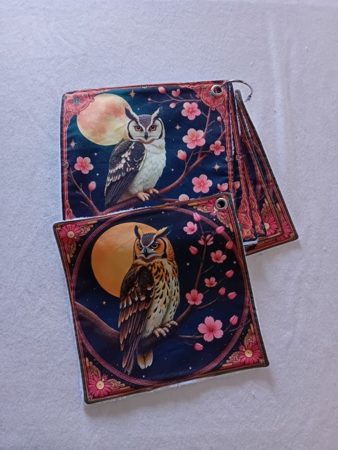 Lot de 6 essuie-tout lavables motif hiboux et chouettes avec lunes et fleurs de cerisier roses, en éponge bambou et coton imprimé