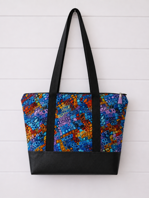 Sac cabas multicolore en tissu inspiré de Klimt avec fond en simili cuir noir