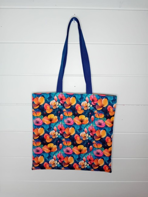 Tote bag fleur en polyester imperméable avec suédine bleu canard et anses bleues – Les Cabas en folie