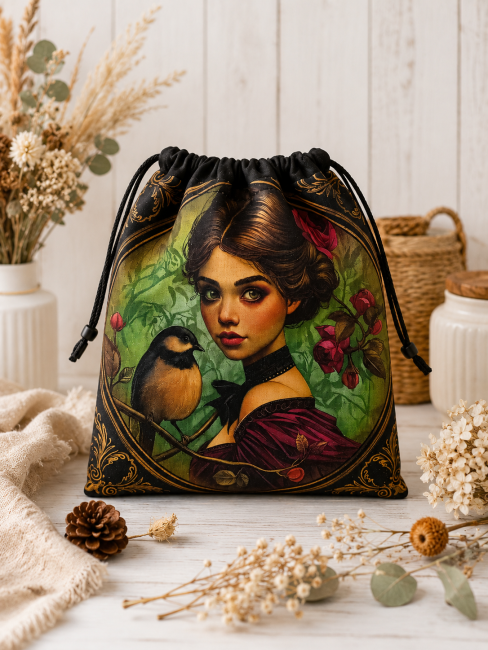 Pochon multi-usage, motif femme et oiseau – Création artisanale à Gérardmer | Les Cabas en folie Pochon multi-usage motif femme et oiseau dans une ambiance vintage et végétale