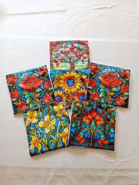 Lot de 6 essuie-tout lavables motifs fleurs style vitrail, roses, tournesols et jonquilles, en éponge bambou et coton imprimé