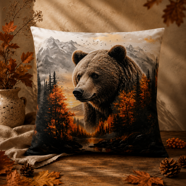 Housse de coussin animaux ours en foret dans un salon chaleureux et cocooning