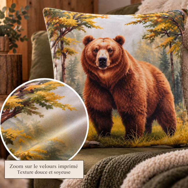 Zoom sur le velours imprimé de la housse de coussin Ours aquarelle 45x45 cm