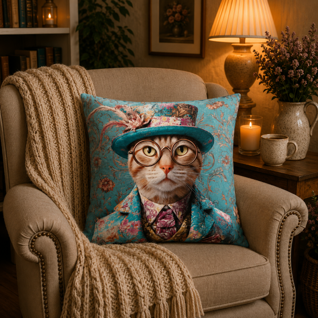 Housse de coussin animaux chat en costume dans un salon moderne et élégant
