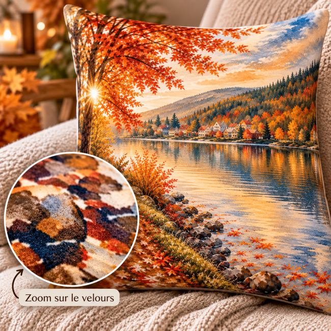 Housse de coussin velours Lac automne 45x45 cm | Déco chalet Vosges Zoom sur le velours imprimé de la housse de coussin Lac en automne