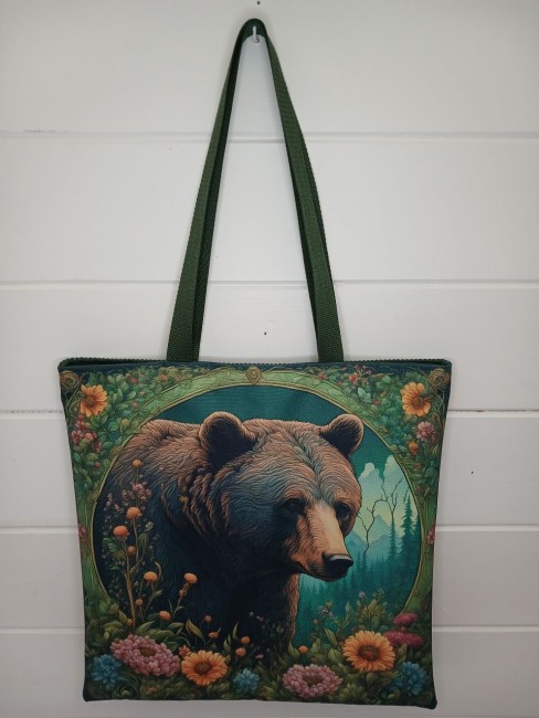 Sac tote bag pour femme fait main, modèle unique en toile polyester imprimée et velours côtelé, doublé coton uni, de fabrication française