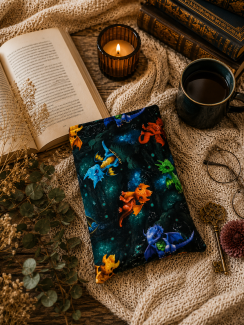 Pochette à livre Dragons fantastiques – Dragon | Les Cabas en folie Pochette à livre Dragons fantastiques présentée dans une ambiance chaleureuse autour de la lecture et de l'univers fantasy – Les Cabas en folie