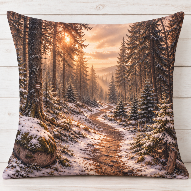 Housse de coussin Sentier enneigé en montagne 45x45 cm | Déco Montagne Housse de coussin Sentier enneigé en montagne en velours imprimé 45x45 cm sur fond blanc