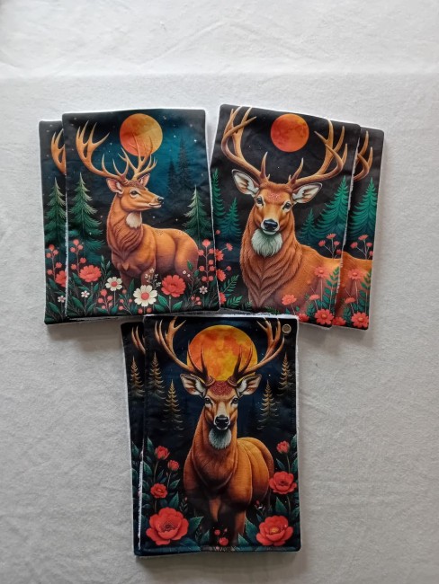 Lot de 6 essuie-tout lavables motif cerf et forêt avec lune et sapins, en éponge bambou et coton imprimé