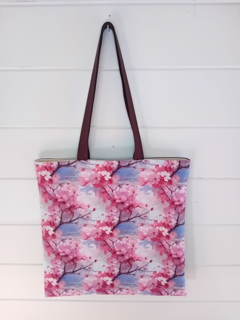 Tote bag fleur de cerisier en polyester imperméable et simili cuir marron – Les Cabas en folie