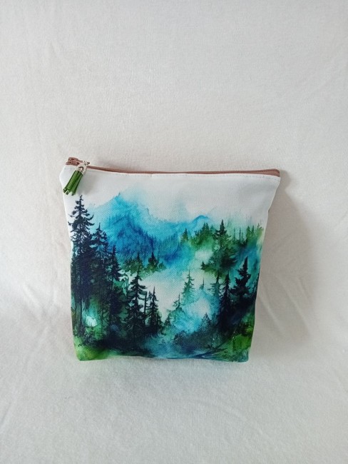 Trousse artisanale Forêt aquarelle avec motif de forêt, canvas imprimé et suédine marron