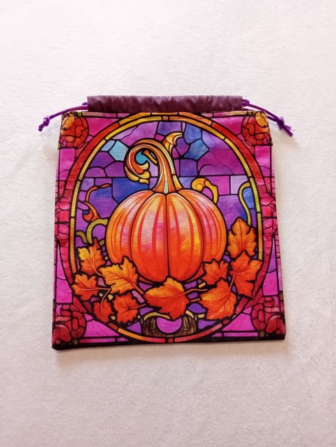 Pochon en tissu motif citrouille vitrail, modèle unique confectionné dans les Vosges