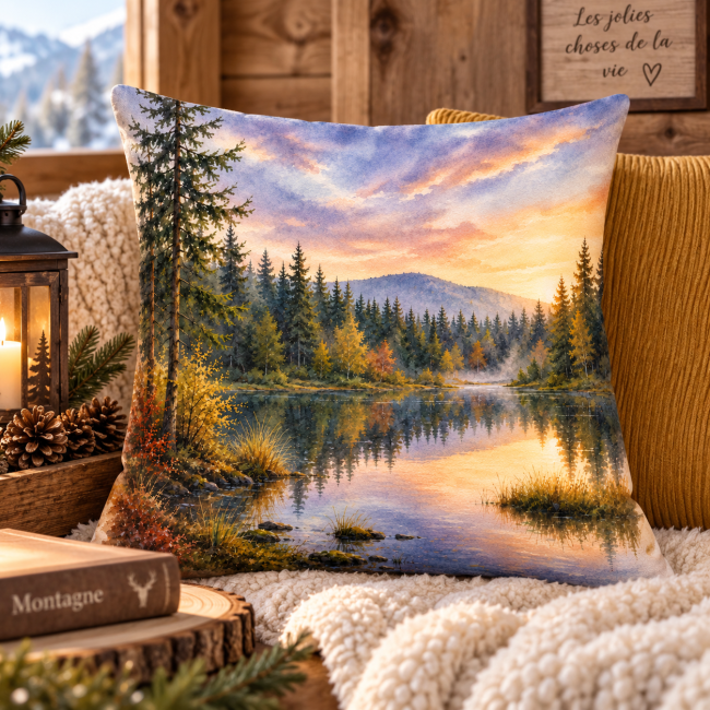 Housse de coussin velours Lac montagne sapins 45x45 cm | Déco chalet Housse de coussin velours imprimé Lac de montagne dans les sapins dans une décoration chalet cocooning