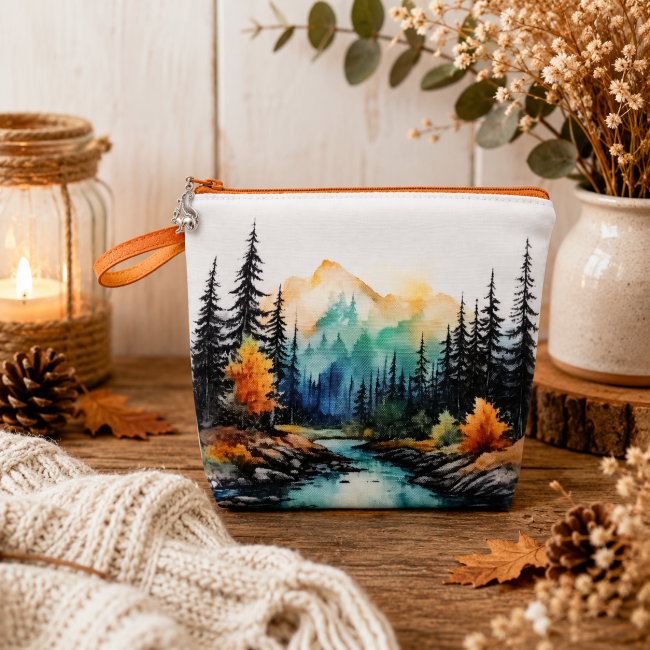 Trousse multi-usage, motif paysage montagne « Reflet des montagnes » – Confectionnée dans les Vosges | Les Cabas en folie Trousse multi-usage motif paysage montagne « Reflet des montagnes », avec forêt de sapins et rivière