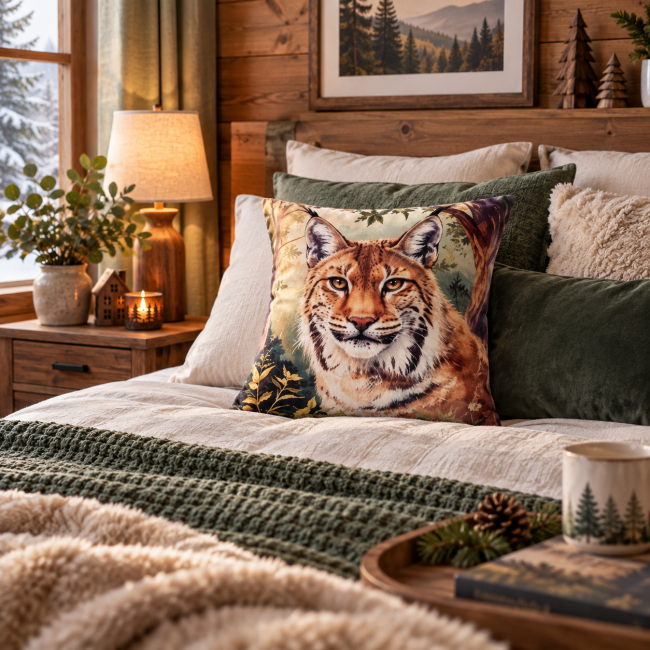 Housse de coussin Lynx en velours 45x45 cm, mise en scène sur un lit dans une décoration nature cocooning