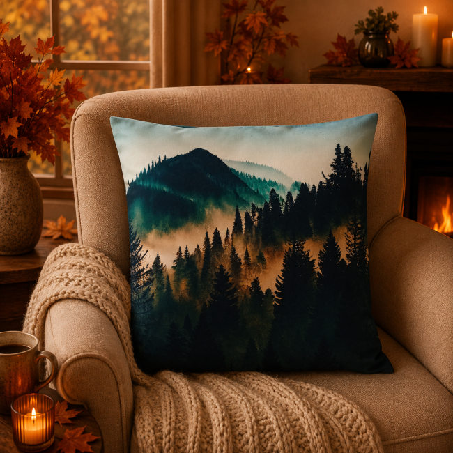 Housse de coussin Sapins dans la brume en velours dans une décoration montagne chaleureuse