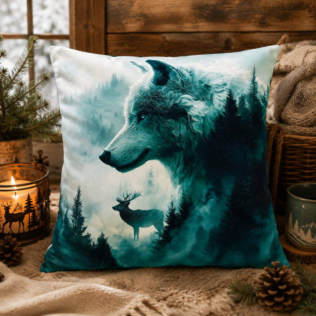 Housse de coussin loup et cerf en velours imprimé 45x45 cm