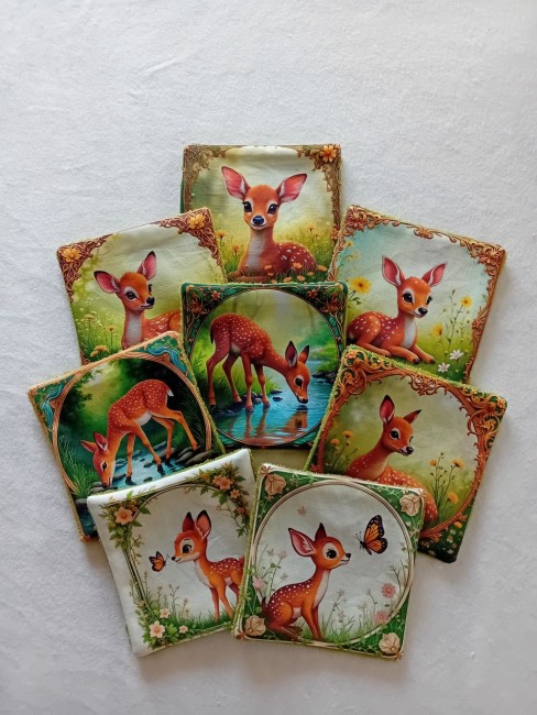 Lot de 8 lingettes démaquillantes lavables Petits Faons, motifs nature et paysages fleuris – Confection des Vosges
