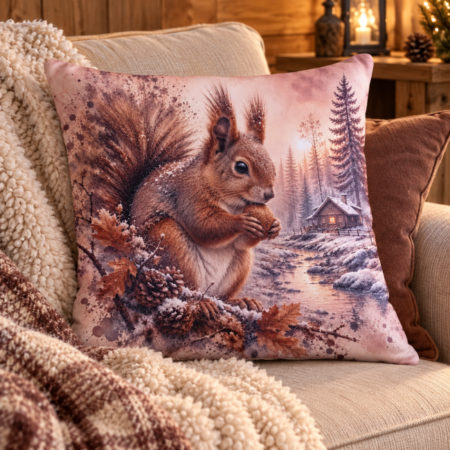 Housse de coussin Écureuil et Chalet en hiver en velours, mise en scène cocooning sur canapé beige dans une ambiance chalet.