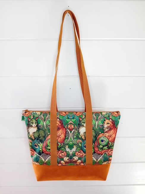 Cabas Chats et paons avec motif floral, suédine caramel et anses brun doré – Les Cabas en folie