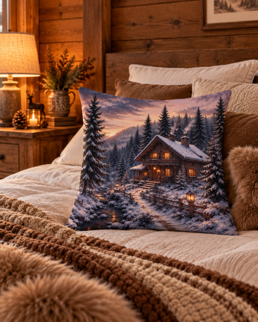 Housse de coussin Chalet enneigé en velours 45x45 cm | Déco Montagne Housse de coussin Chalet enneigé en velours imprimé 45x45 cm, décoration chaleureuse pour une chambre esprit chalet