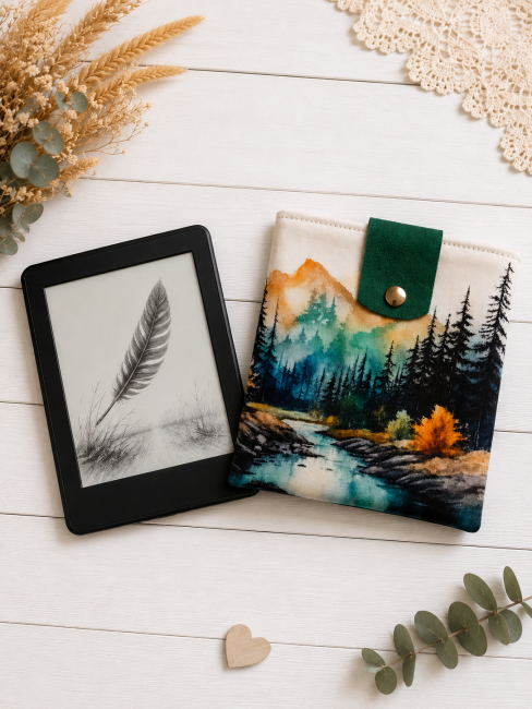 Pochette pour liseuse motif forêt de sapins présentée avec une liseuse dans une mise en scène déco