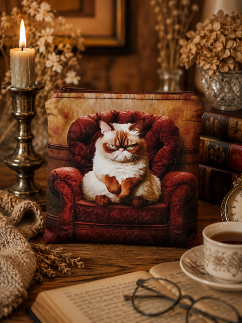 Trousse multi-usage, motif chat « Chat au fauteuil » – Création artisanale à Gérardmer | Les Cabas en folie Trousse multi-usage motif chat au fauteuil, création originale confectionnée à Gérardmer