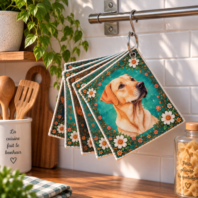 Lot de 6 essuie-tout lavables Labrador et Doberman, 20x20 cm, suspendus dans une cuisine avec anneau ouvrable