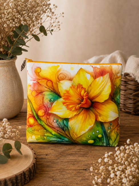 Trousse multi-usage, motif jonquille « Éclat floral » – Confectionnée à Gérardmer | Les Cabas en folie Trousse multi-usage motif jonquille « Éclat floral », aux couleurs jaunes, orangées, vertes et turquoise