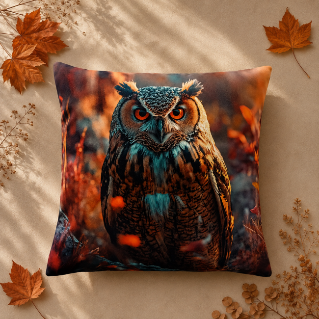 Housse de coussin Hibou en forêt automnale en velours 45×45 | Les Cabas en folie Housse de coussin Hibou en forêt automnale en velours imprimé 45 × 45 cm